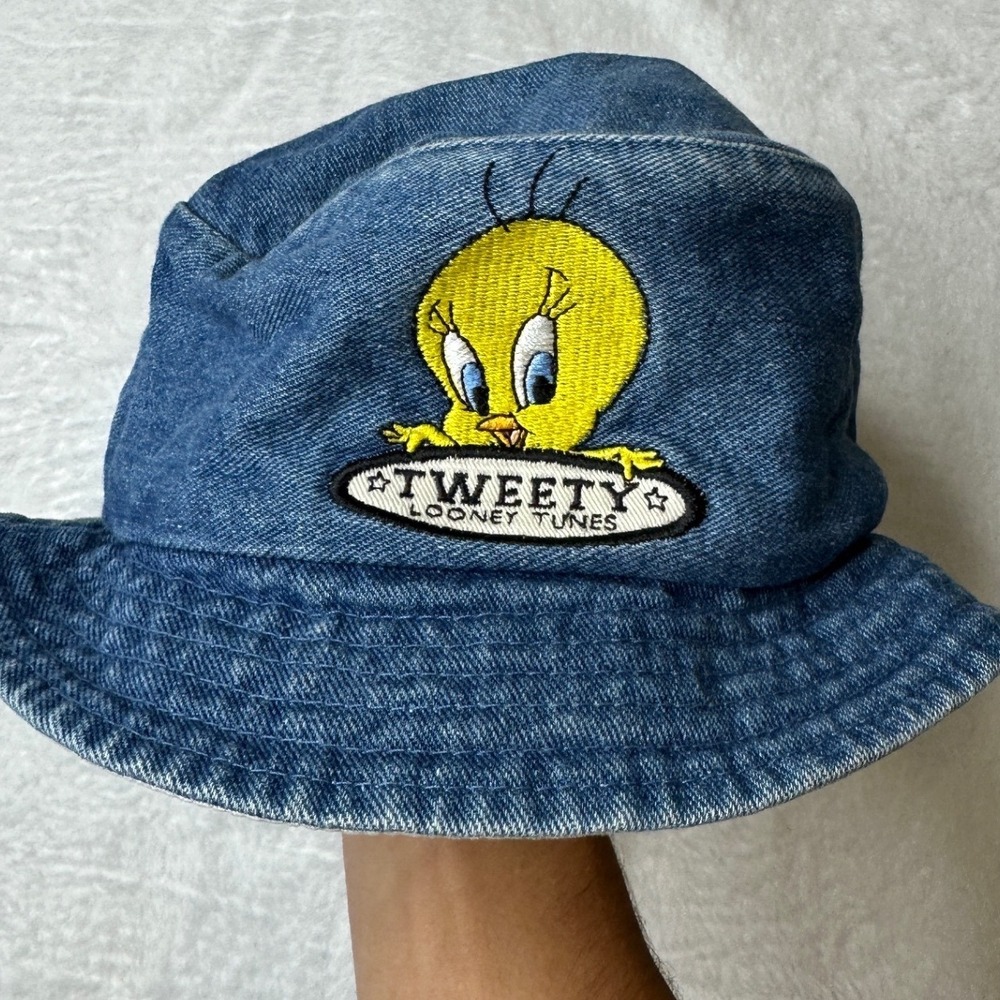 Vintage Looney Tunes Tweety Bird Denim Bucket Hat Blue 90s Warner Bros 0620